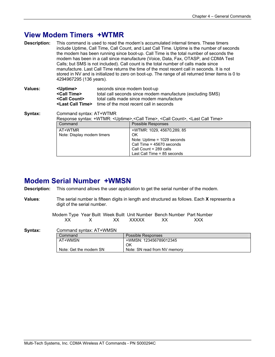 View modem timers +wtmr, Modem serial number +wmsn | Multi-Tech Systems CDMA Wireless Modem User Manual | Page 33 / 195