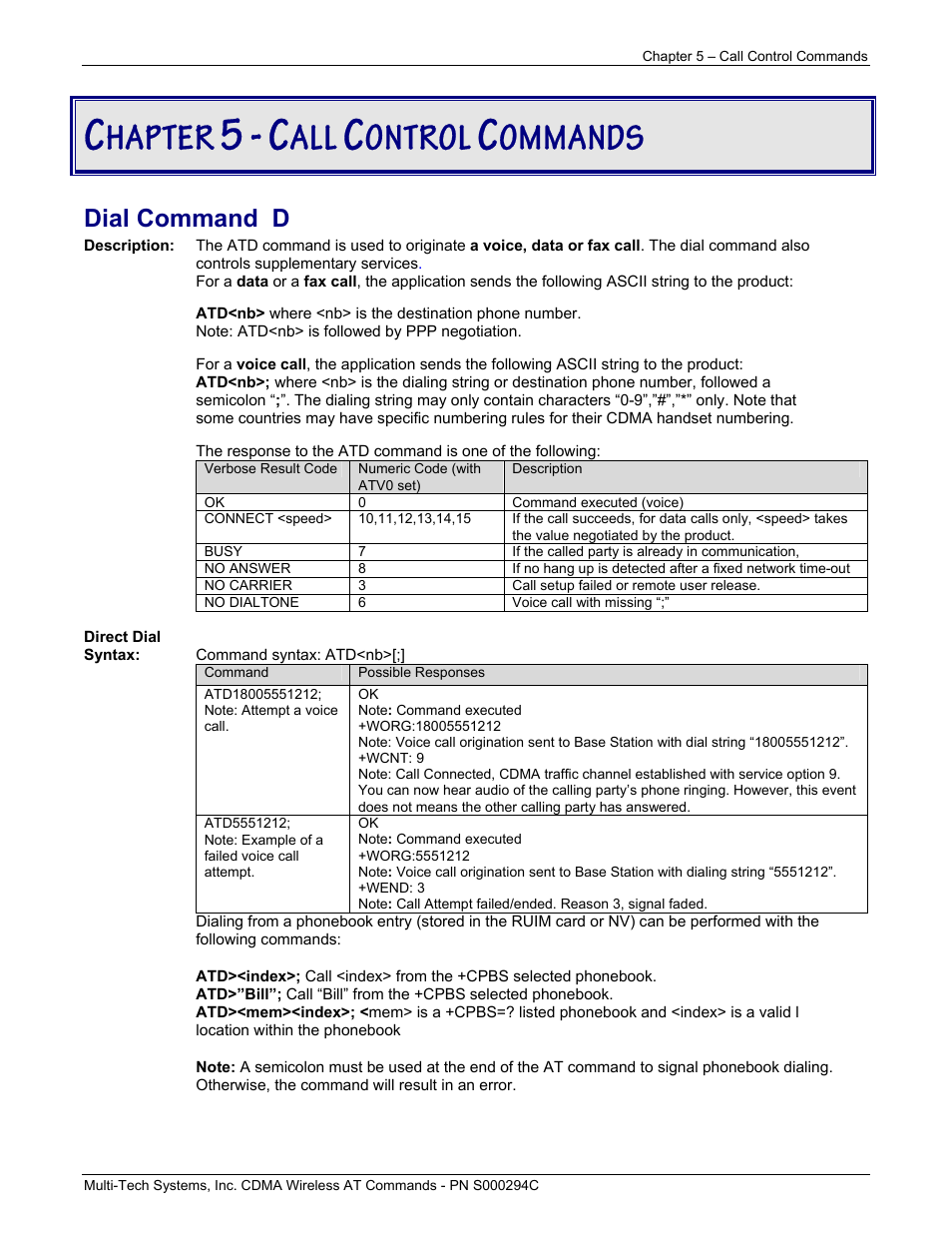 Hapter, Ontrol, Ommands | Dial command d | Multi-Tech Systems CDMA Wireless Modem User Manual | Page 34 / 195