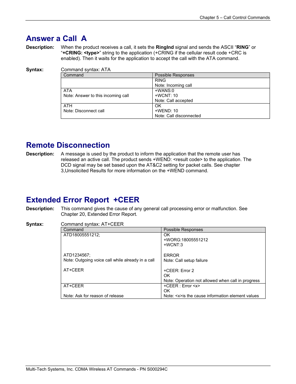 Answer a call a, Remote disconnection, Extended error report +ceer | Multi-Tech Systems CDMA Wireless Modem User Manual | Page 36 / 195
