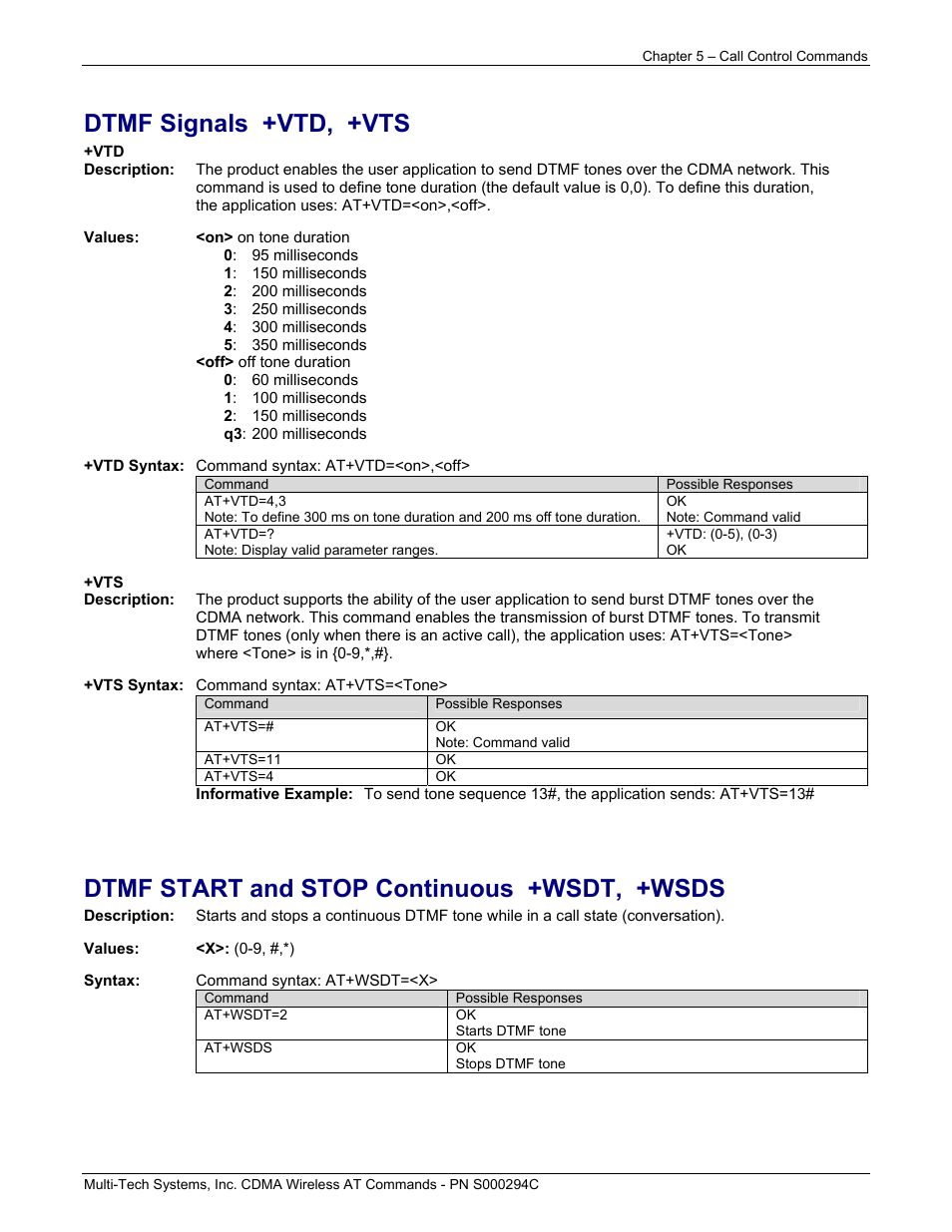 Dtmf signals +vtd, +vts, Dtmf start and stop continuous +wsdt, +wsds | Multi-Tech Systems CDMA Wireless Modem User Manual | Page 37 / 195