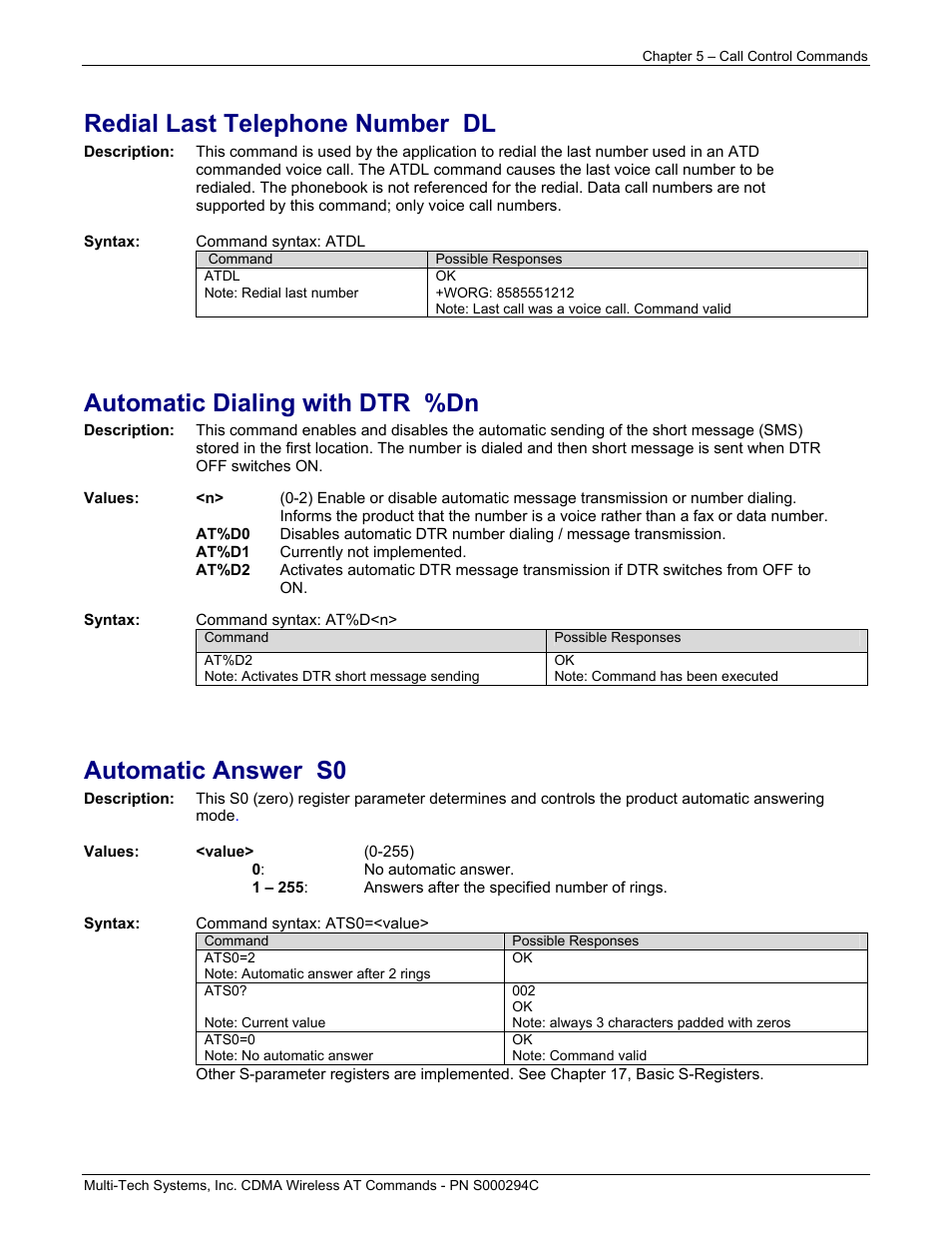 Redial last telephone number dl, Automatic dialing with dtr %dn, Automatic answer s0 | Multi-Tech Systems CDMA Wireless Modem User Manual | Page 38 / 195