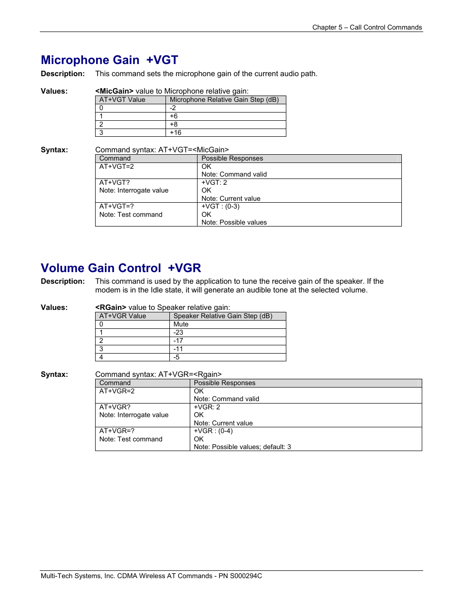 Microphone gain +vgt, Volume gain control +vgr | Multi-Tech Systems CDMA Wireless Modem User Manual | Page 40 / 195