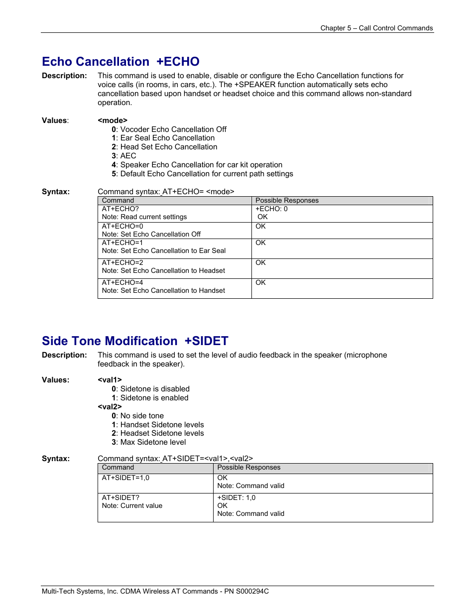 Echo cancellation +echo, Side tone modification +sidet | Multi-Tech Systems CDMA Wireless Modem User Manual | Page 42 / 195