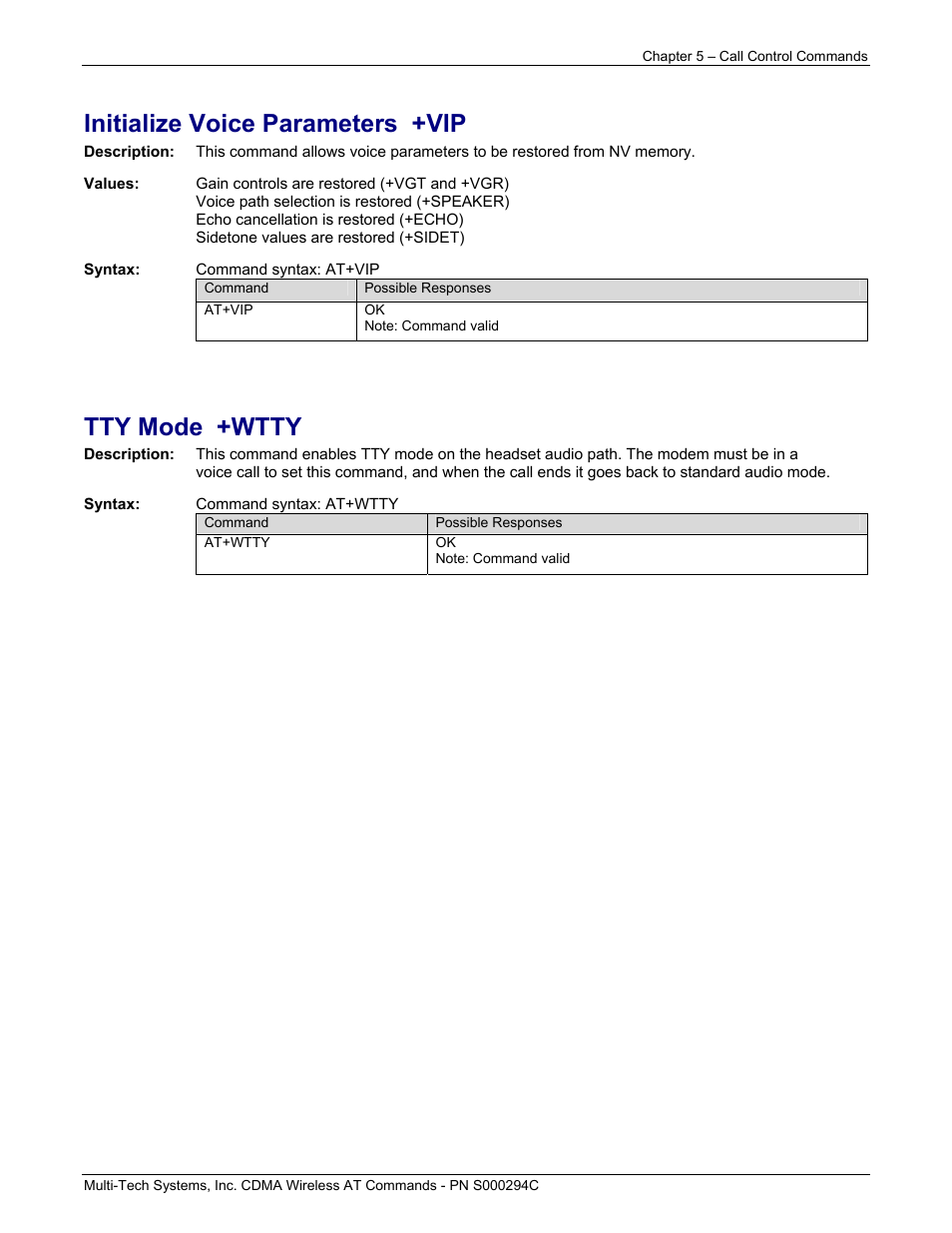 Initialize voice parameters +vip, Tty mode +wtty | Multi-Tech Systems CDMA Wireless Modem User Manual | Page 43 / 195