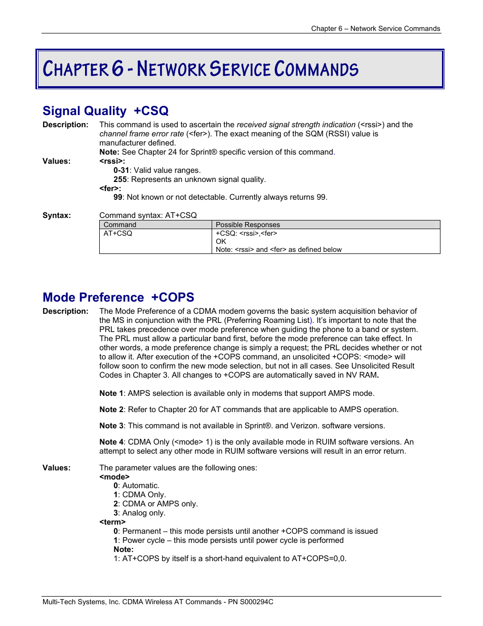 Hapter, Etwork, Ervice | Ommands, Signal quality +csq, Mode preference +cops | Multi-Tech Systems CDMA Wireless Modem User Manual | Page 44 / 195