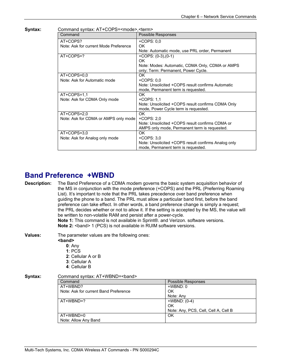 Band preference +wbnd | Multi-Tech Systems CDMA Wireless Modem User Manual | Page 45 / 195