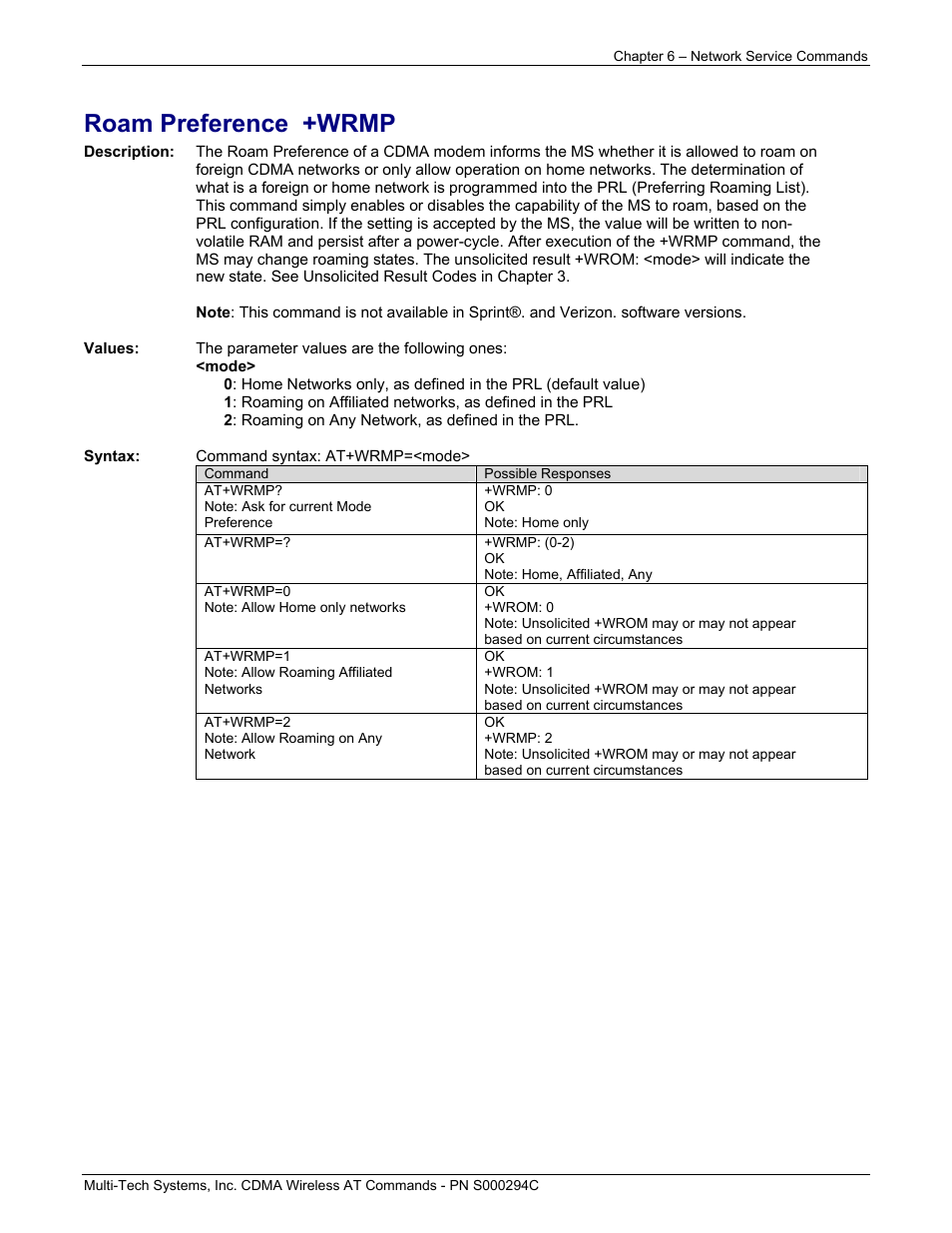 Roam preference +wrmp | Multi-Tech Systems CDMA Wireless Modem User Manual | Page 46 / 195