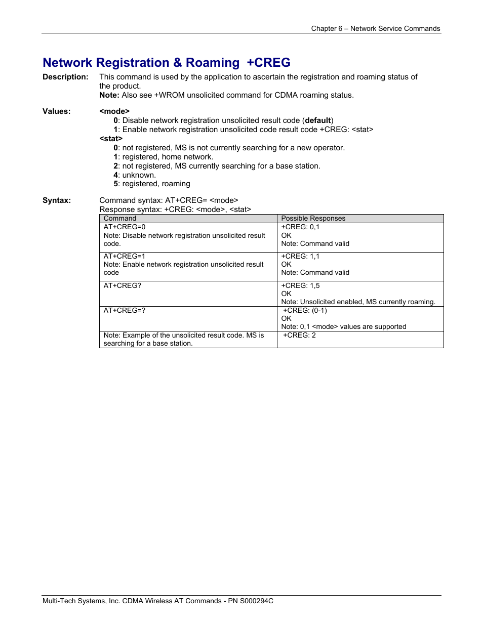 Network registration & roaming +creg | Multi-Tech Systems CDMA Wireless Modem User Manual | Page 47 / 195