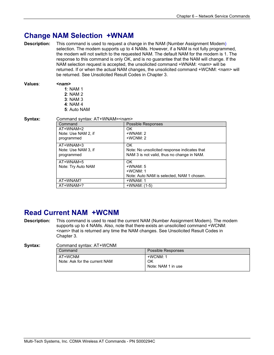 Change nam selection +wnam, Read current nam +wcnm | Multi-Tech Systems CDMA Wireless Modem User Manual | Page 48 / 195