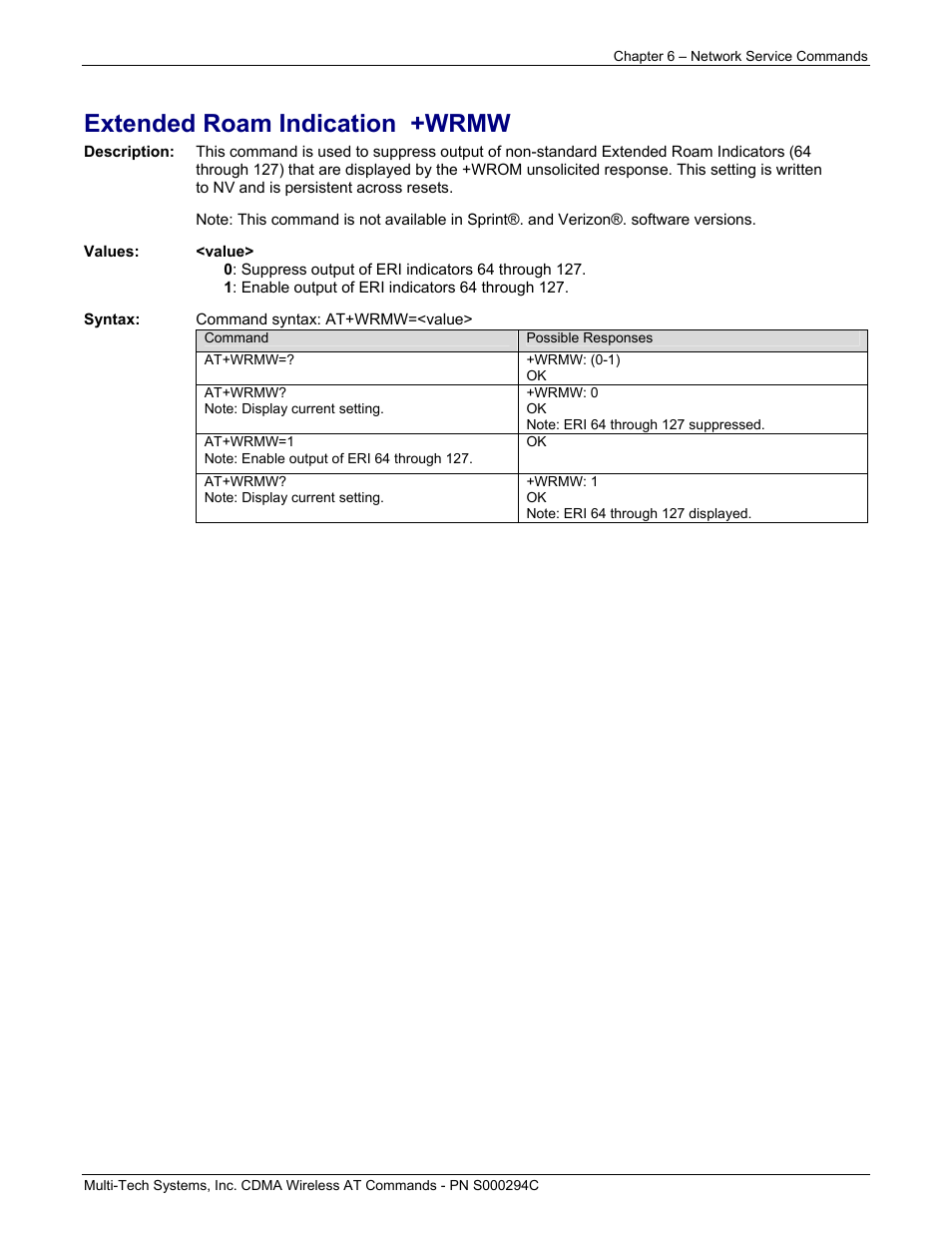 Extended roam indication +wrmw | Multi-Tech Systems CDMA Wireless Modem User Manual | Page 50 / 195