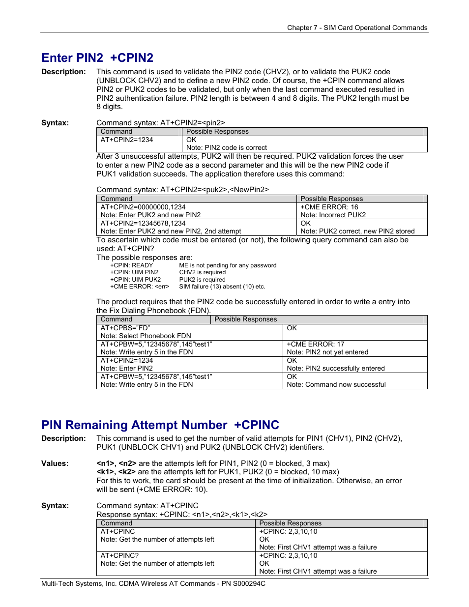 Enter pin2 +cpin2, Pin remaining attempt number +cpinc | Multi-Tech Systems CDMA Wireless Modem User Manual | Page 52 / 195
