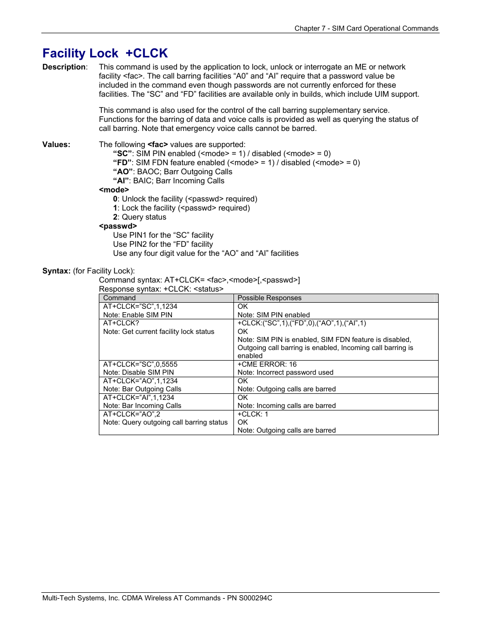 Facility lock +clck | Multi-Tech Systems CDMA Wireless Modem User Manual | Page 53 / 195
