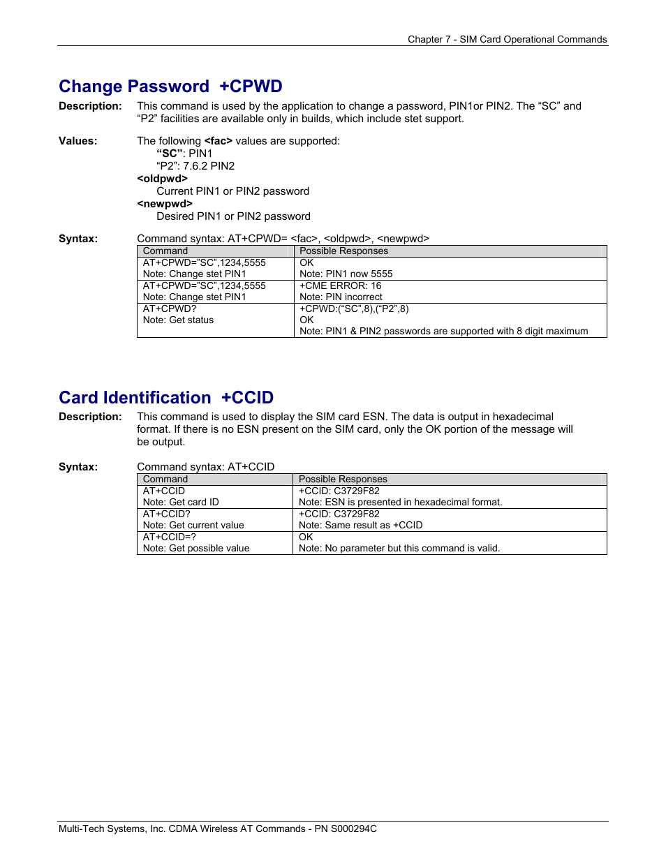 Change password +cpwd, Card identification +ccid | Multi-Tech Systems CDMA Wireless Modem User Manual | Page 54 / 195