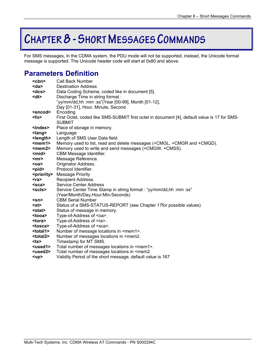 Hapter, Hort, Essages | Ommands, Parameters definition | Multi-Tech Systems CDMA Wireless Modem User Manual | Page 55 / 195