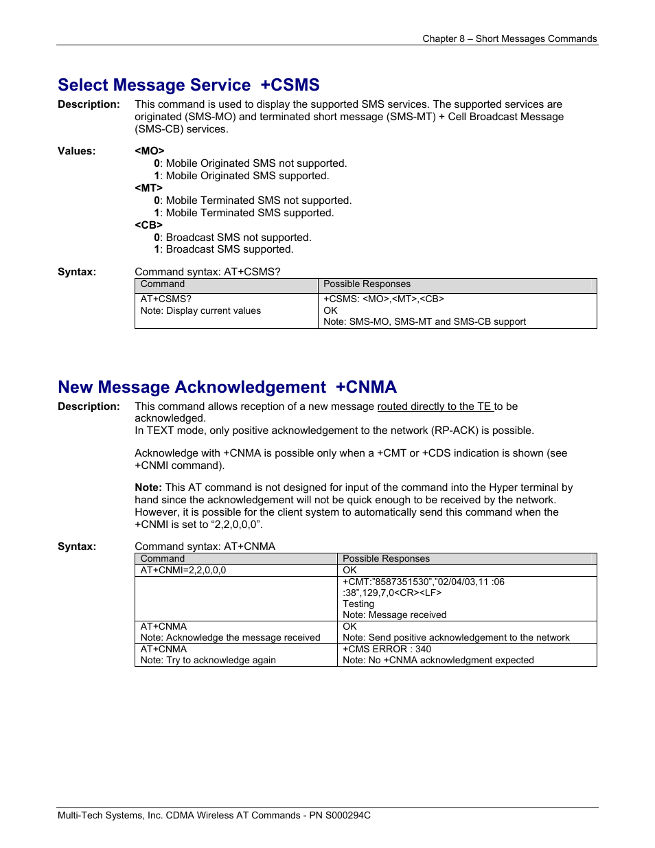 Select message service +csms, New message acknowledgement +cnma | Multi-Tech Systems CDMA Wireless Modem User Manual | Page 56 / 195