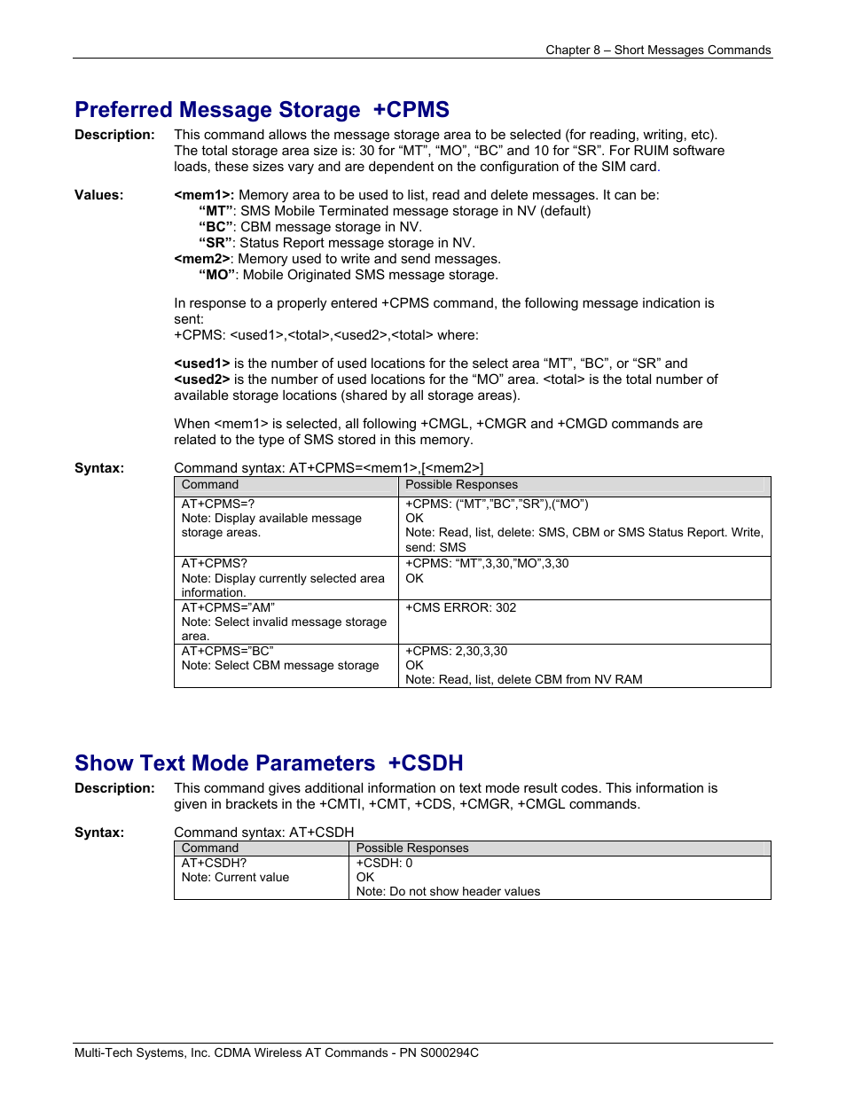 Preferred message storage +cpms, Show text mode parameters +csdh | Multi-Tech Systems CDMA Wireless Modem User Manual | Page 57 / 195