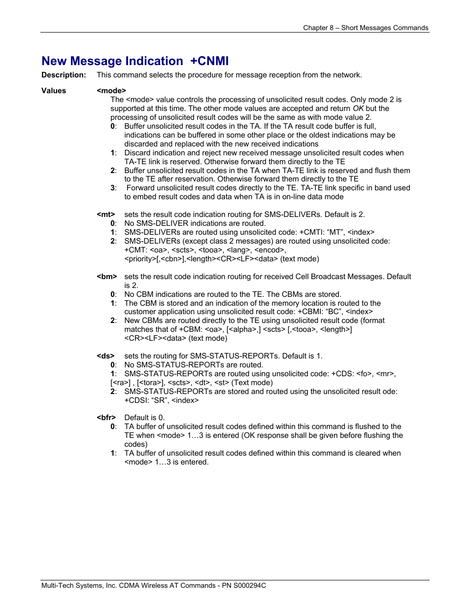 New message indication +cnmi | Multi-Tech Systems CDMA Wireless Modem User Manual | Page 58 / 195