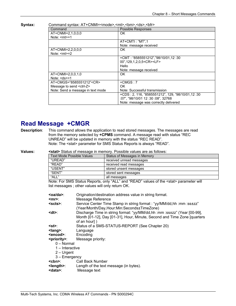 Read message +cmgr | Multi-Tech Systems CDMA Wireless Modem User Manual | Page 59 / 195