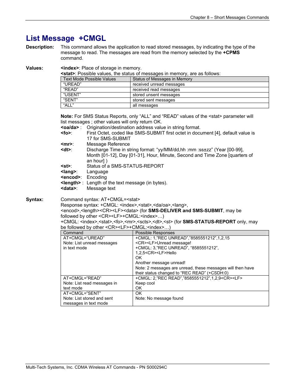 List message +cmgl | Multi-Tech Systems CDMA Wireless Modem User Manual | Page 61 / 195