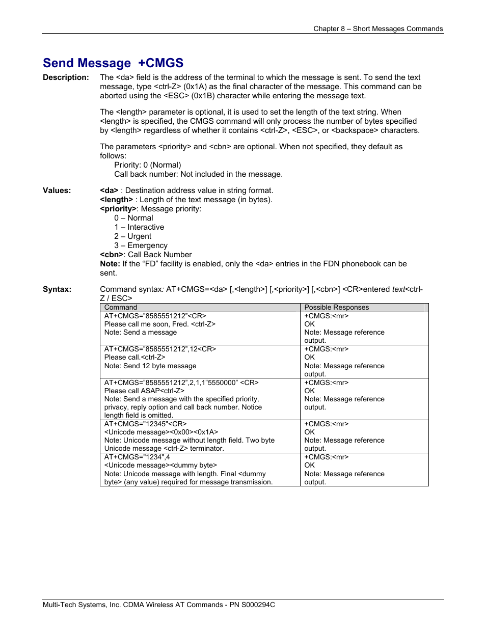 Send message +cmgs | Multi-Tech Systems CDMA Wireless Modem User Manual | Page 62 / 195