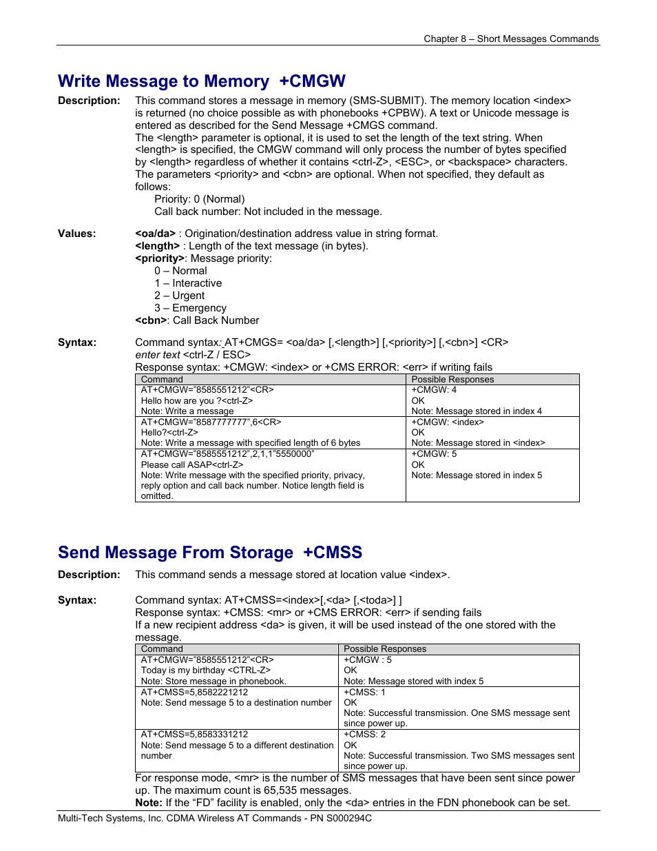 Send message from storage +cmss | Multi-Tech Systems CDMA Wireless Modem User Manual | Page 63 / 195