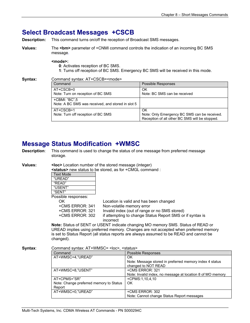 Select broadcast messages +cscb, Message status modification +wmsc | Multi-Tech Systems CDMA Wireless Modem User Manual | Page 65 / 195