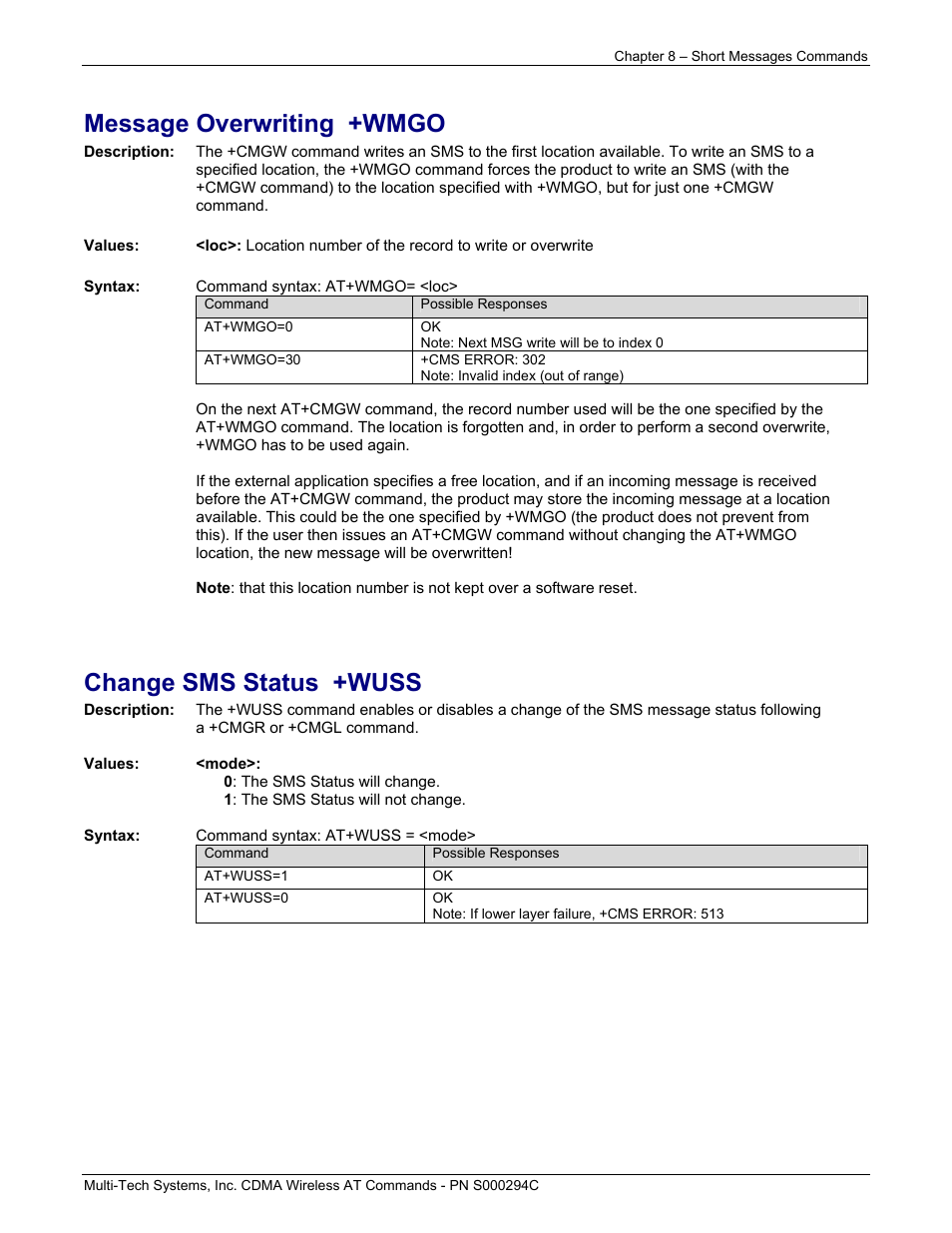 Message overwriting +wmgo, Change sms status +wuss | Multi-Tech Systems CDMA Wireless Modem User Manual | Page 66 / 195