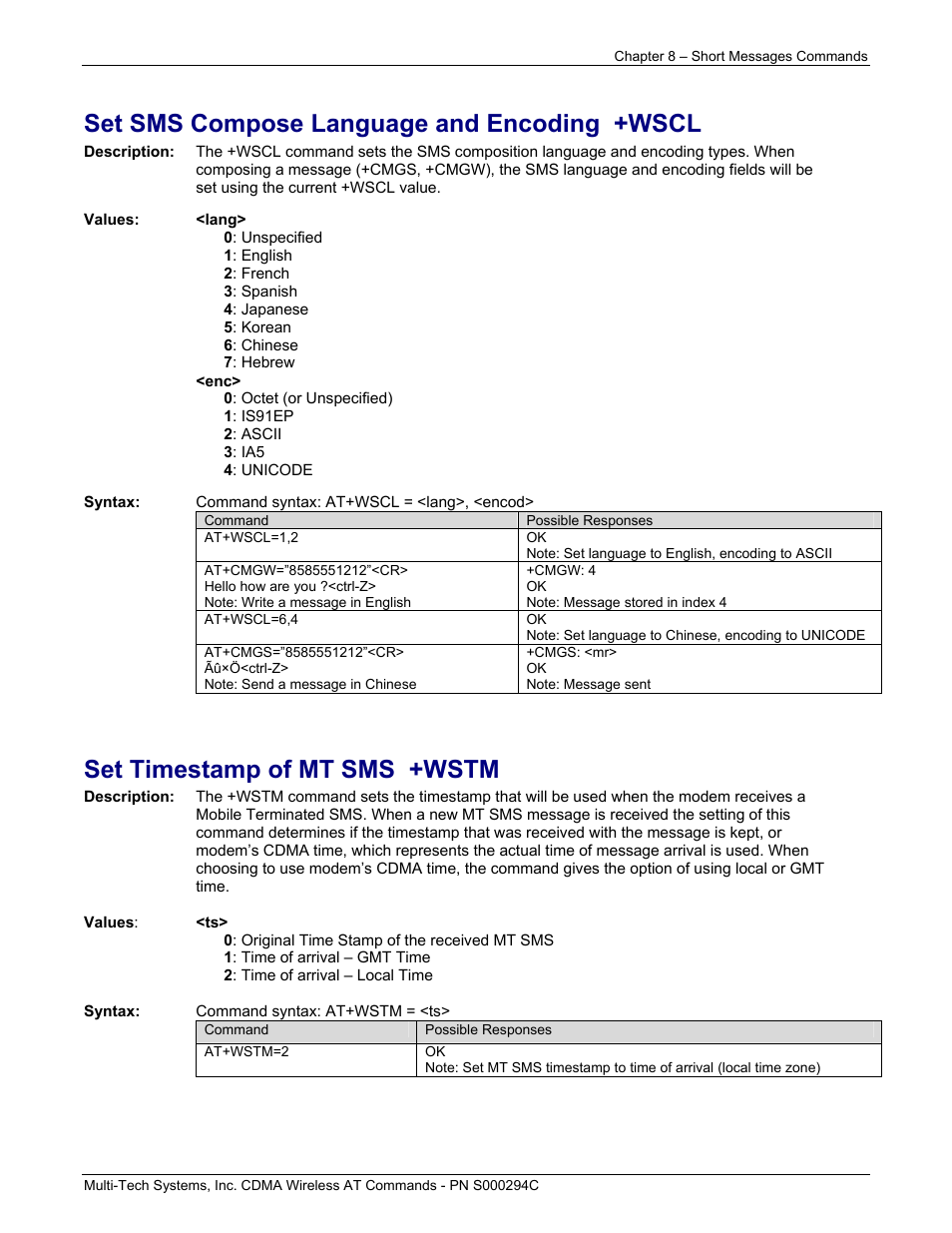 Set sms compose language and encoding +wscl, Set timestamp of mt sms +wstm | Multi-Tech Systems CDMA Wireless Modem User Manual | Page 67 / 195