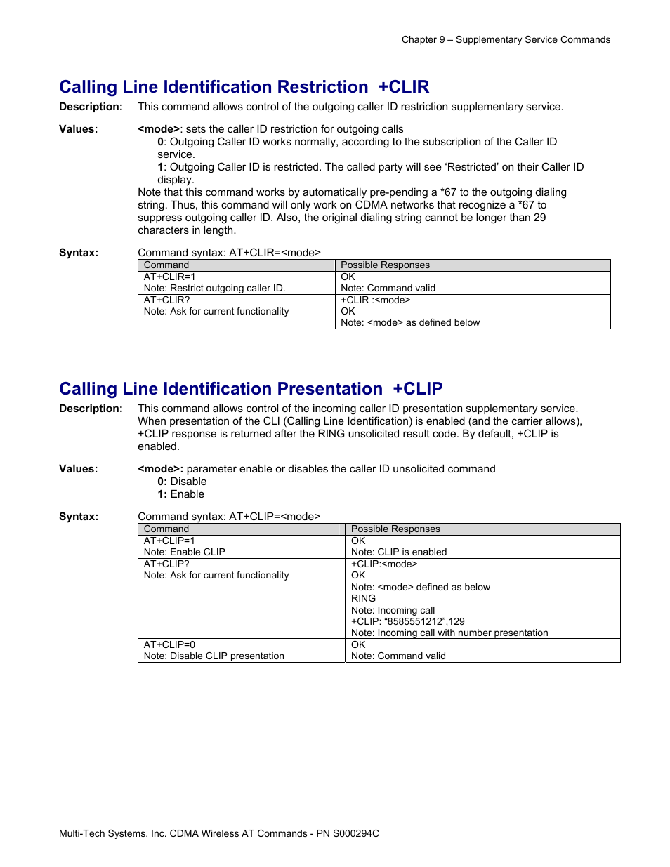 Calling line identification restriction +clir, Calling line identification presentation +clip | Multi-Tech Systems CDMA Wireless Modem User Manual | Page 69 / 195