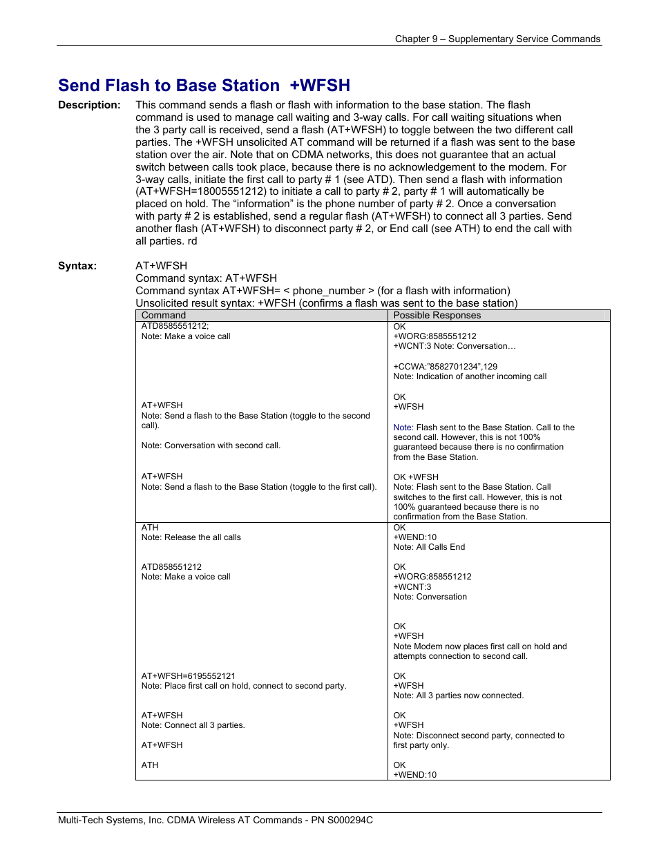 Send flash to base station +wfsh | Multi-Tech Systems CDMA Wireless Modem User Manual | Page 70 / 195