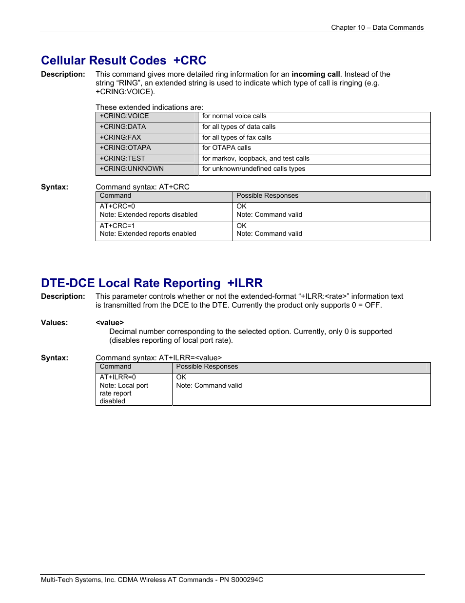 Cellular result codes +crc, Dte-dce local rate reporting +ilrr | Multi-Tech Systems CDMA Wireless Modem User Manual | Page 73 / 195
