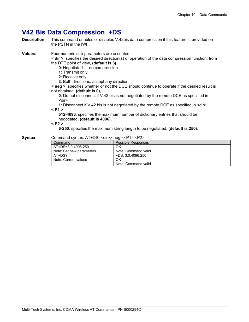 V42 bis data compression +ds | Multi-Tech Systems CDMA Wireless Modem User Manual | Page 74 / 195