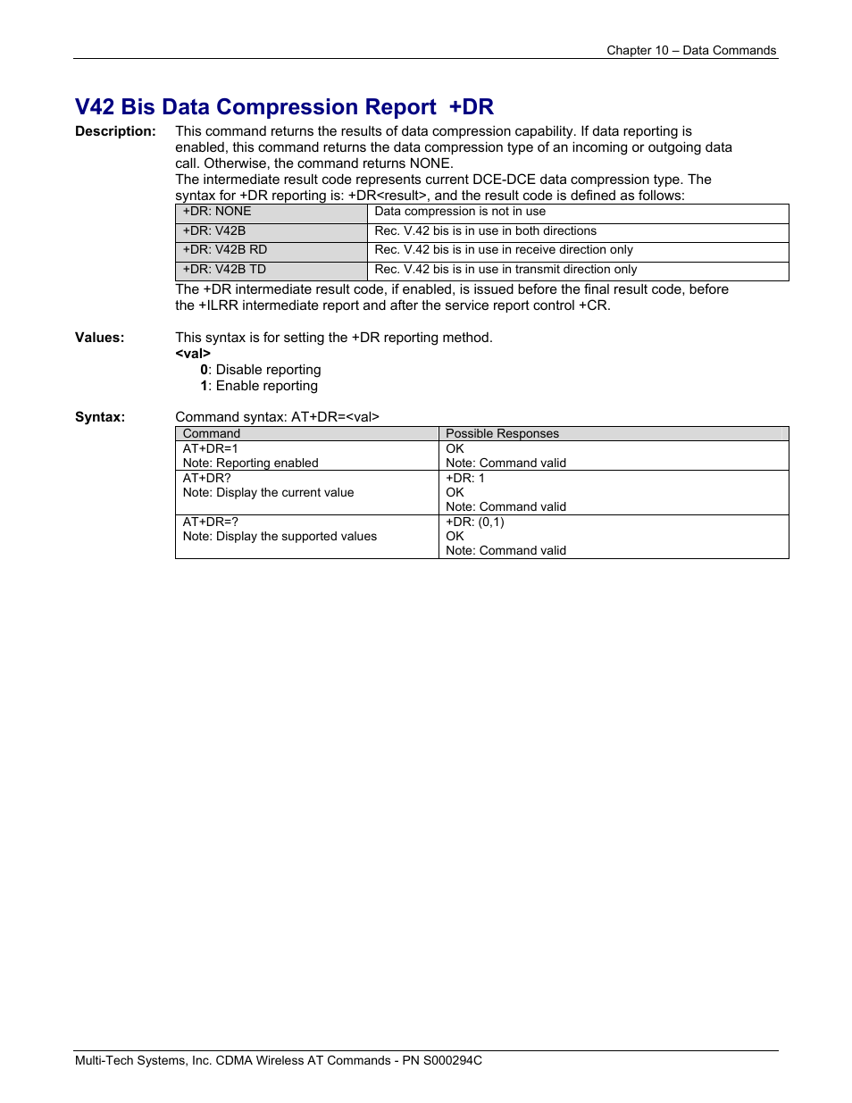 V42 bis data compression report +dr | Multi-Tech Systems CDMA Wireless Modem User Manual | Page 75 / 195
