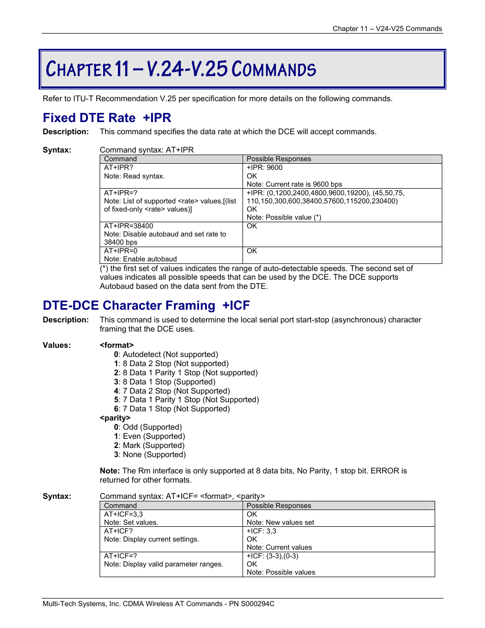 V.24-v.25, Hapter, Ommands | Fixed dte rate +ipr, Dte-dce character framing +icf | Multi-Tech Systems CDMA Wireless Modem User Manual | Page 76 / 195