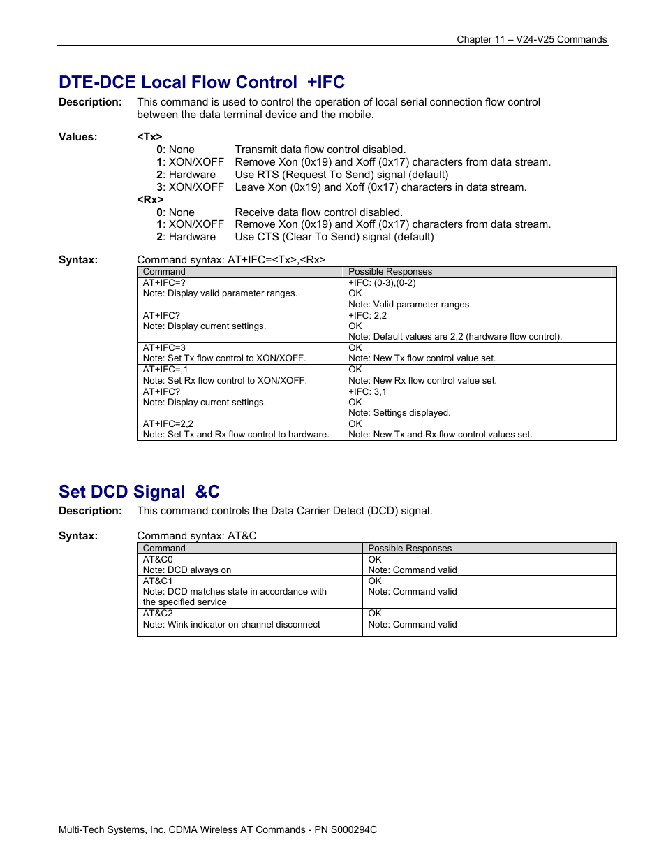 Dte-dce local flow control +ifc, Set dcd signal &c | Multi-Tech Systems CDMA Wireless Modem User Manual | Page 77 / 195