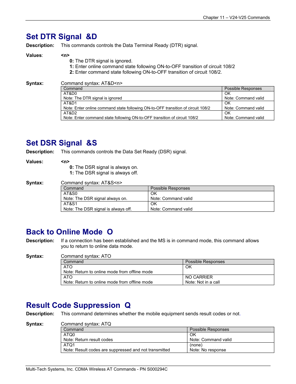 Set dtr signal &d, Set dsr signal &s, Back to online mode o | Result code suppression q | Multi-Tech Systems CDMA Wireless Modem User Manual | Page 78 / 195