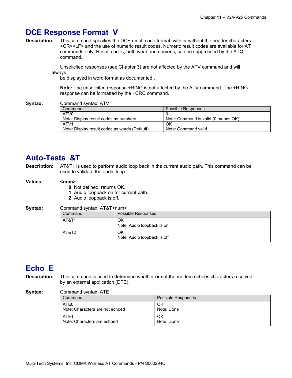 Dce response format v, Auto-tests &t, Echo e | Multi-Tech Systems CDMA Wireless Modem User Manual | Page 79 / 195
