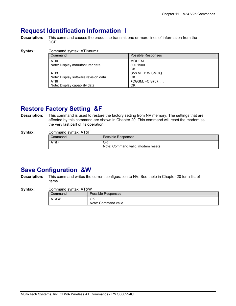 Request identification information i, Restore factory setting &f, Save configuration &w | Multi-Tech Systems CDMA Wireless Modem User Manual | Page 81 / 195