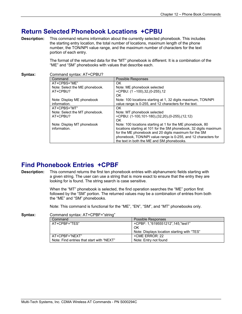 Return selected phonebook locations +cpbu, Find phonebook entries +cpbf | Multi-Tech Systems CDMA Wireless Modem User Manual | Page 83 / 195