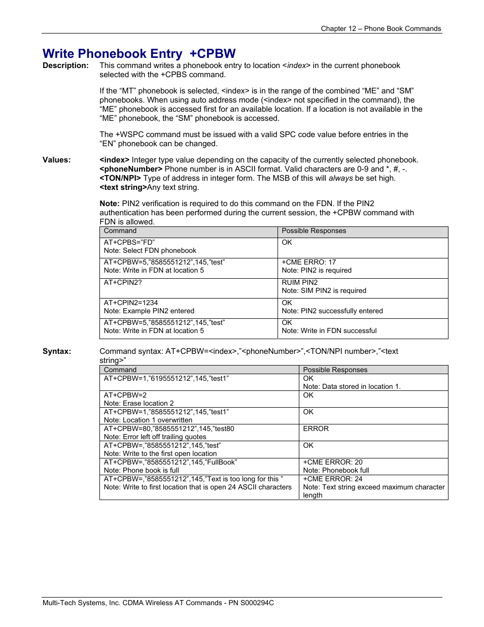 Write phonebook entry +cpbw | Multi-Tech Systems CDMA Wireless Modem User Manual | Page 84 / 195