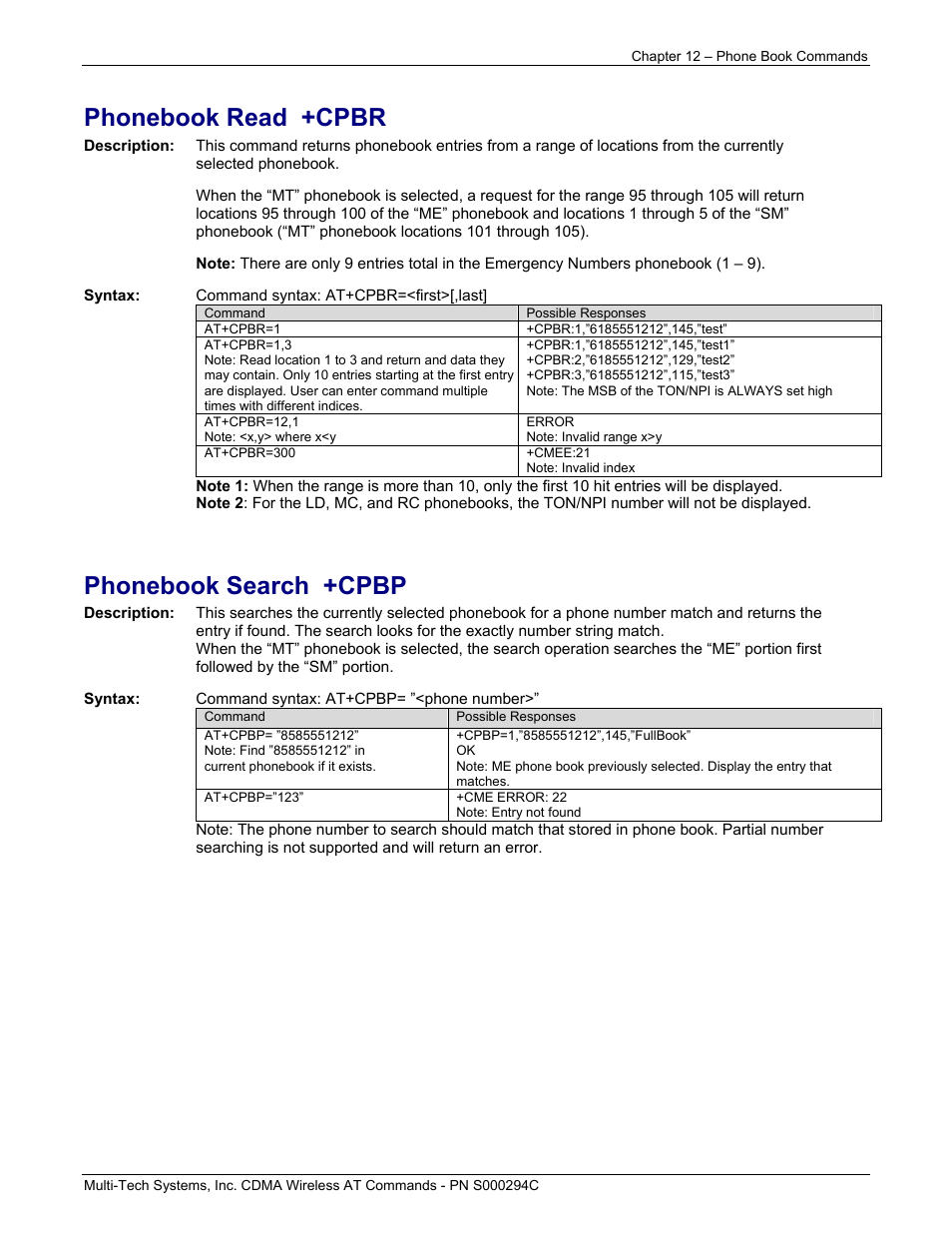 Phonebook read +cpbr, Phonebook search +cpbp | Multi-Tech Systems CDMA Wireless Modem User Manual | Page 85 / 195