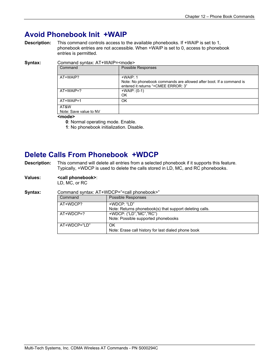 Avoid phonebook init +waip, Delete calls from phonebook +wdcp | Multi-Tech Systems CDMA Wireless Modem User Manual | Page 86 / 195