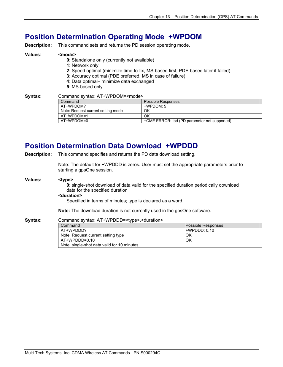 Position determination operating mode +wpdom, Position determination data download +wpddd | Multi-Tech Systems CDMA Wireless Modem User Manual | Page 88 / 195