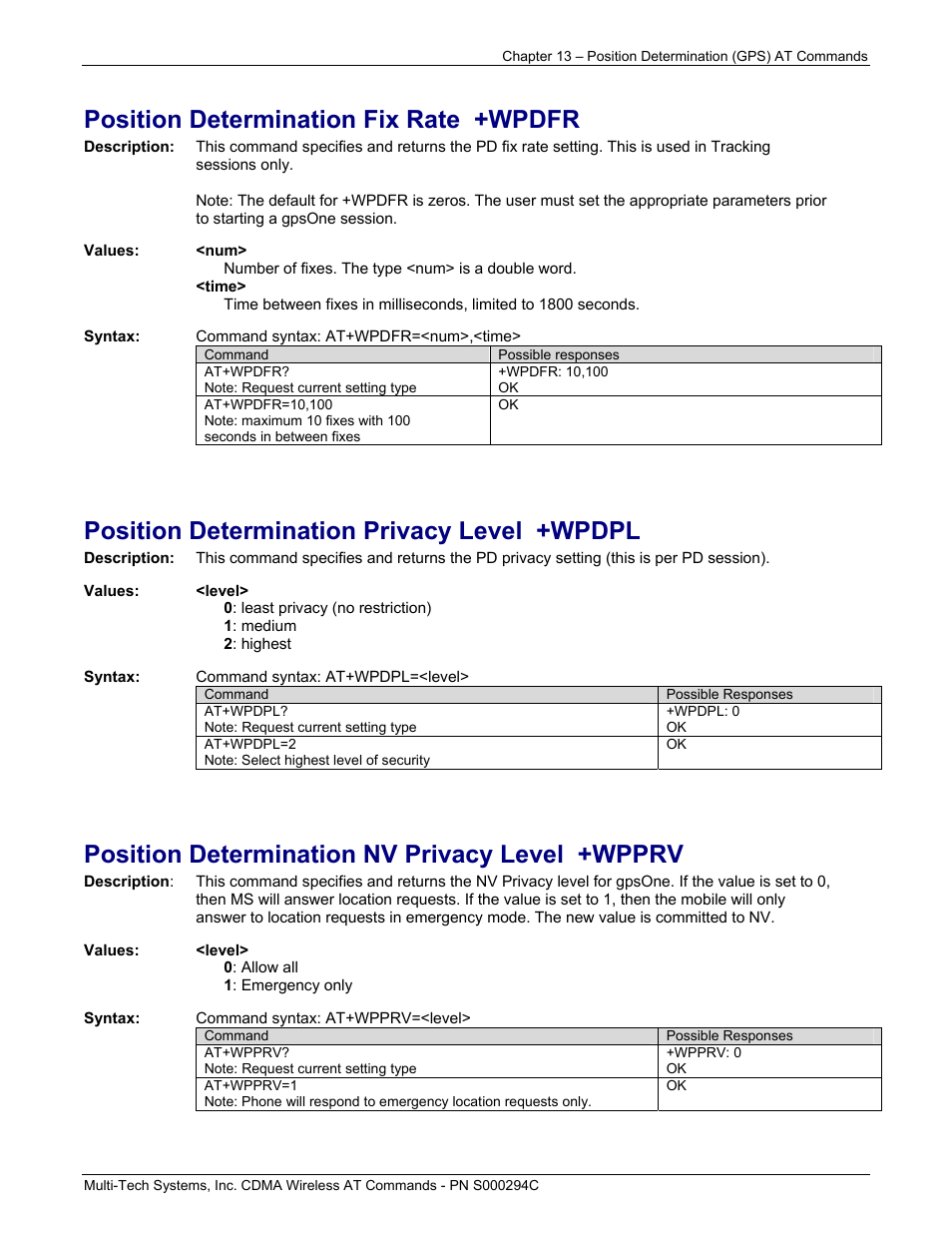 Position determination fix rate +wpdfr, Position determination privacy level +wpdpl, Position determination nv privacy level +wpprv | Multi-Tech Systems CDMA Wireless Modem User Manual | Page 89 / 195
