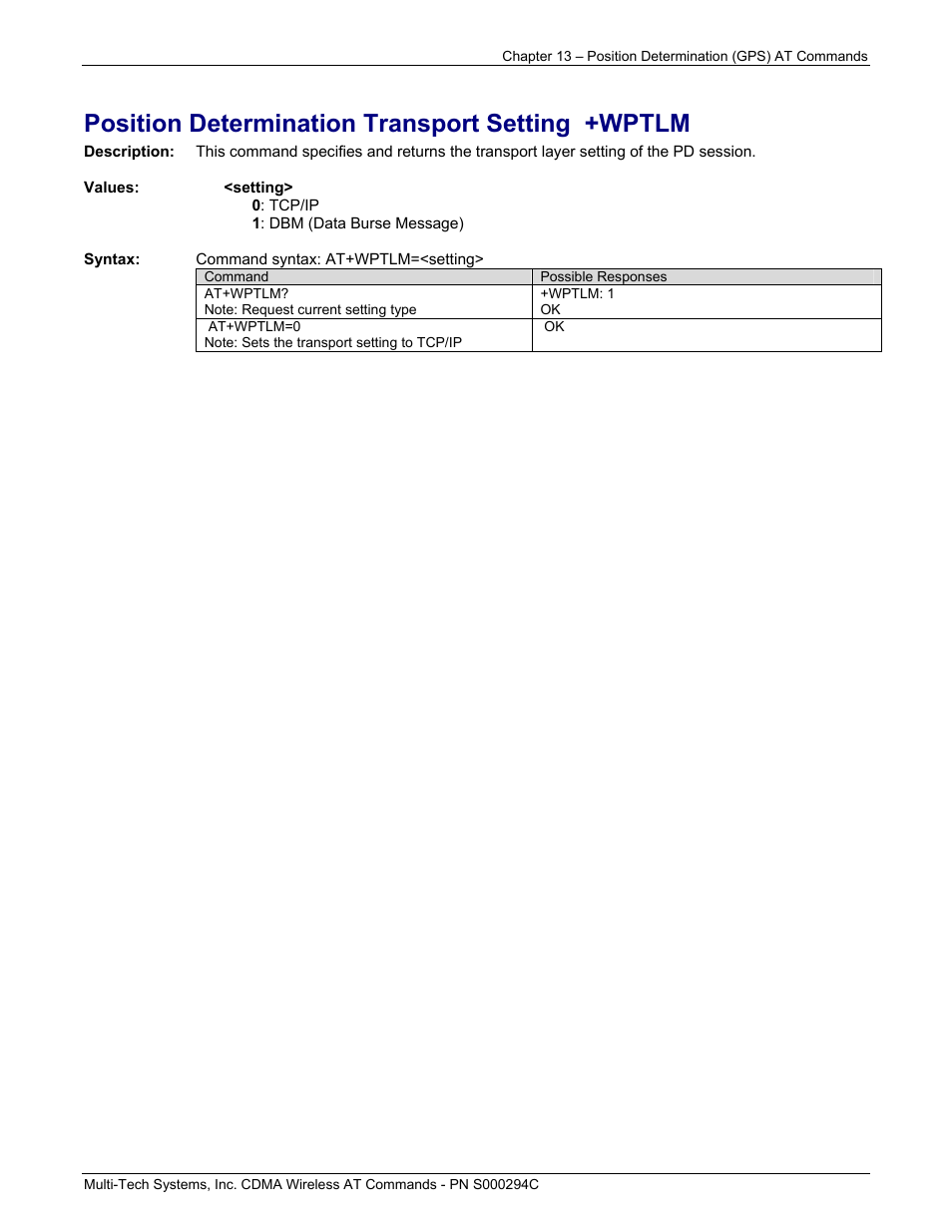 Position determination transport setting +wptlm | Multi-Tech Systems CDMA Wireless Modem User Manual | Page 90 / 195