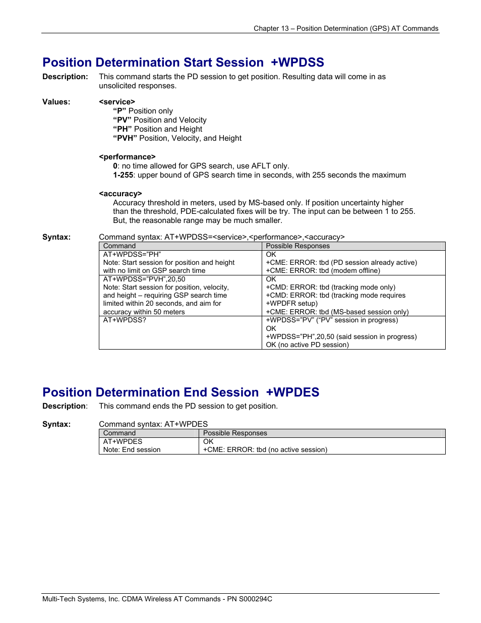 Position determination start session +wpdss, Position determination end session +wpdes | Multi-Tech Systems CDMA Wireless Modem User Manual | Page 91 / 195