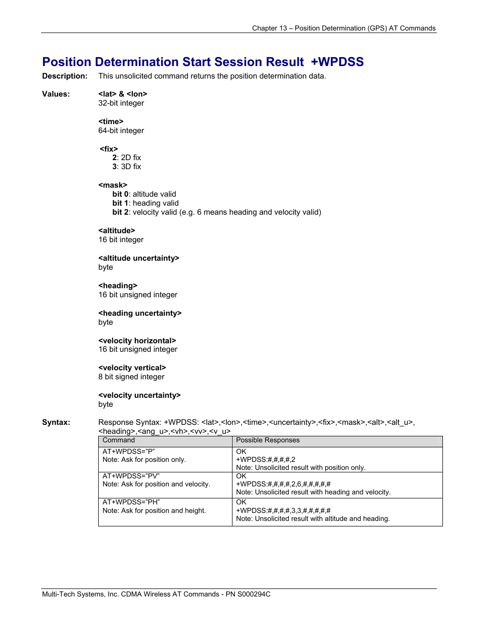 Position determination start session result +wpdss | Multi-Tech Systems CDMA Wireless Modem User Manual | Page 92 / 195