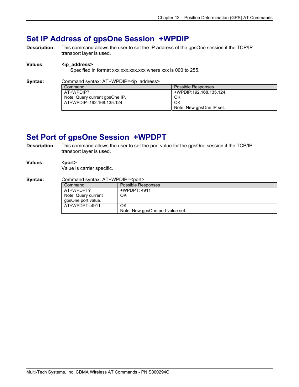 Set ip address of gpsone session +wpdip, Set port of gpsone session +wpdpt | Multi-Tech Systems CDMA Wireless Modem User Manual | Page 93 / 195