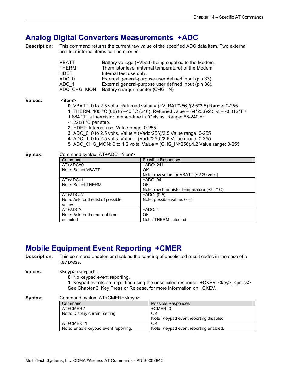 Analog digital converters measurements +adc, Mobile equipment event reporting +cmer | Multi-Tech Systems CDMA Wireless Modem User Manual | Page 96 / 195