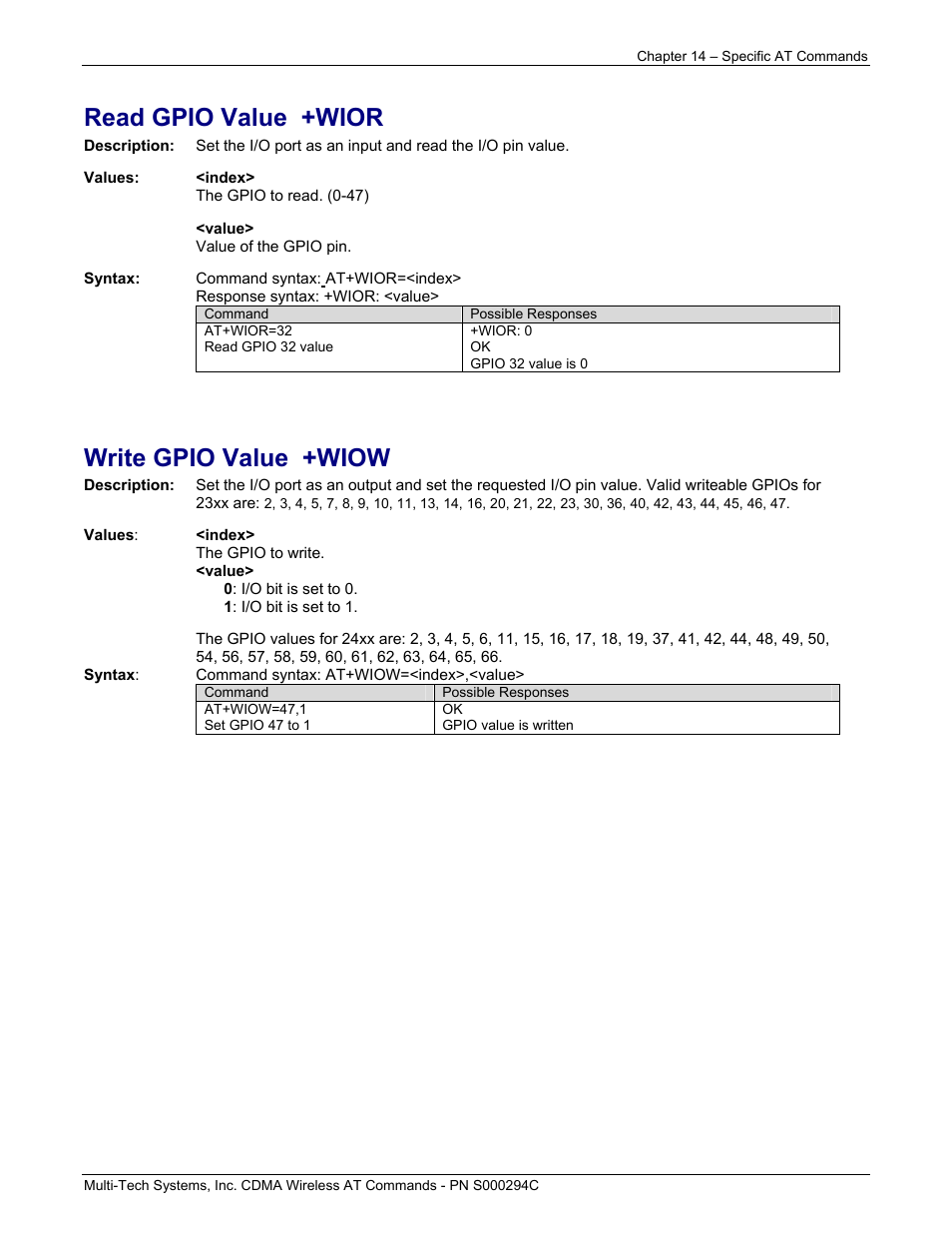 Read gpio value +wior, Write gpio value +wiow | Multi-Tech Systems CDMA Wireless Modem User Manual | Page 97 / 195
